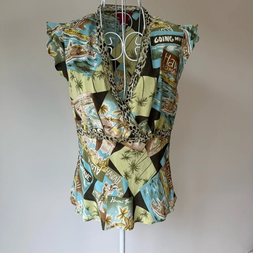 Sunny Leigh Silk Hawaiian Print Wrap Top Leopard Trim Sleeveless Size M v neck - Picture 1 of 6